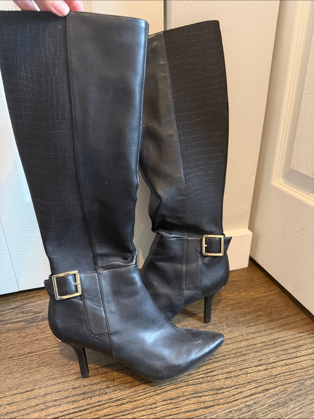 Calvin Klein Black Knee-High Heeled Boots with Gold Buckle